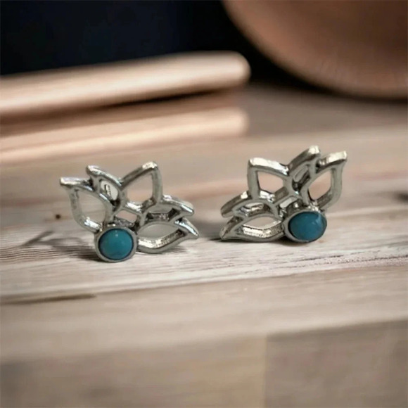 Turquoise Stone Bohemian Silver Stud Earrings - Picture 3 of 5